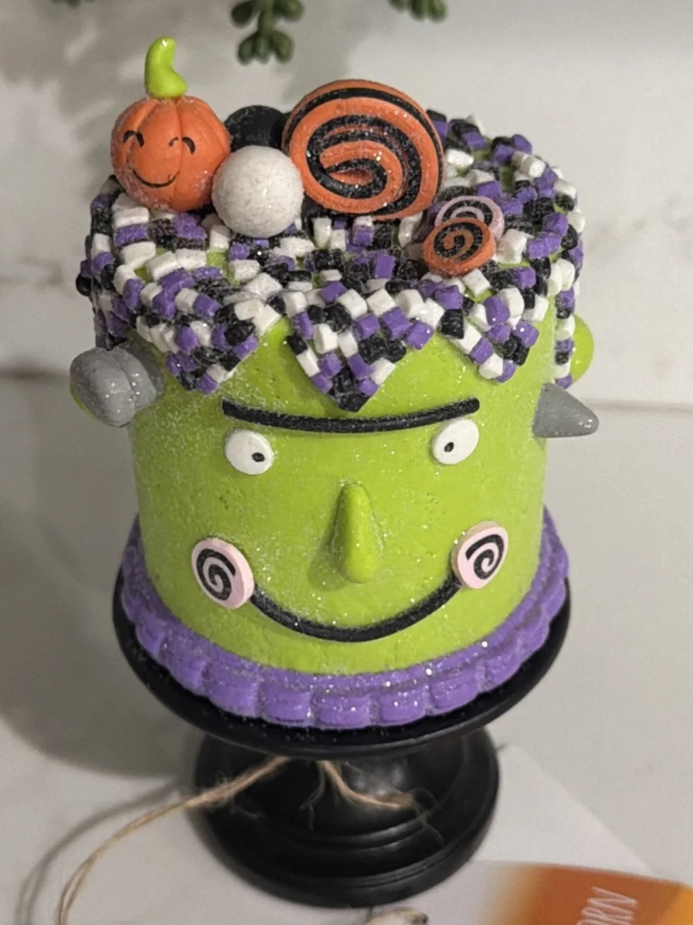 Halloween Candy Corn Lane Glittered Mini FRANKENSTEIN Cake on Stand 6